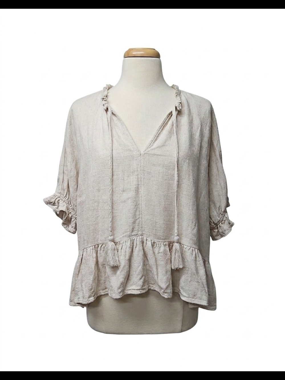 Umgee Oatmeal Beige Peasant Blouse w/ Tassel Ties Linen Blend Sz S Womens